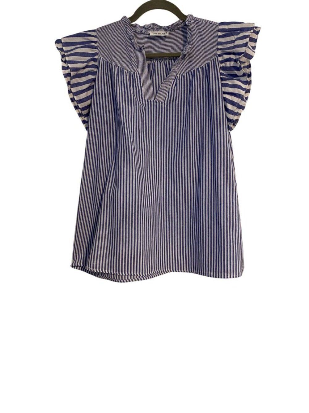 First Love by Lovelyn Women's M Blue White Top Striped Ruffle Sleeve Boho Flowy